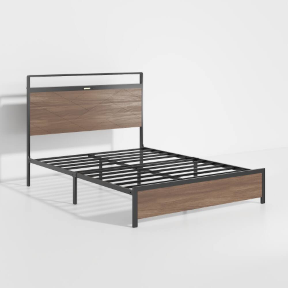 Alt View 3. LUCKY ONE - Queen Size Wood Platform Bed Frame with Storage LED Headboard, USB Charging, Metal Slats, No Box Spring Needed - Antique Grey.