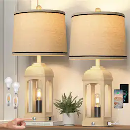 Pawtners - Farmhouse Bedside Lamps Set of 2 with USB A+C & Night Light, 3-Way Dimmable Touch Control (Bulbs Included)