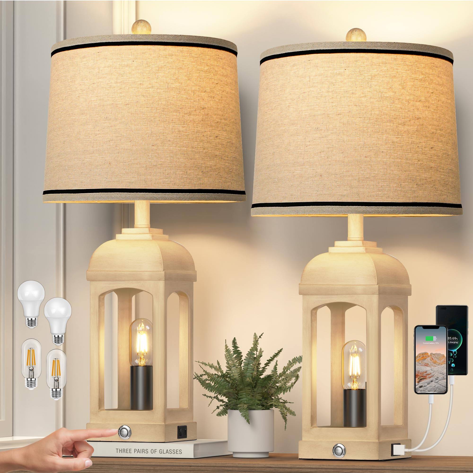 Pawtners - Farmhouse Bedside Lamps Set of 2 with USB A+C & Night Light, 3-Way Dimmable Touch Control (Bulbs Included)