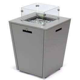 LeisureMod - Chelsea Outdoor Aluminum Square Fire Pit Table with Glass Wind Guard for Patio, Deck and Backyard - Gray