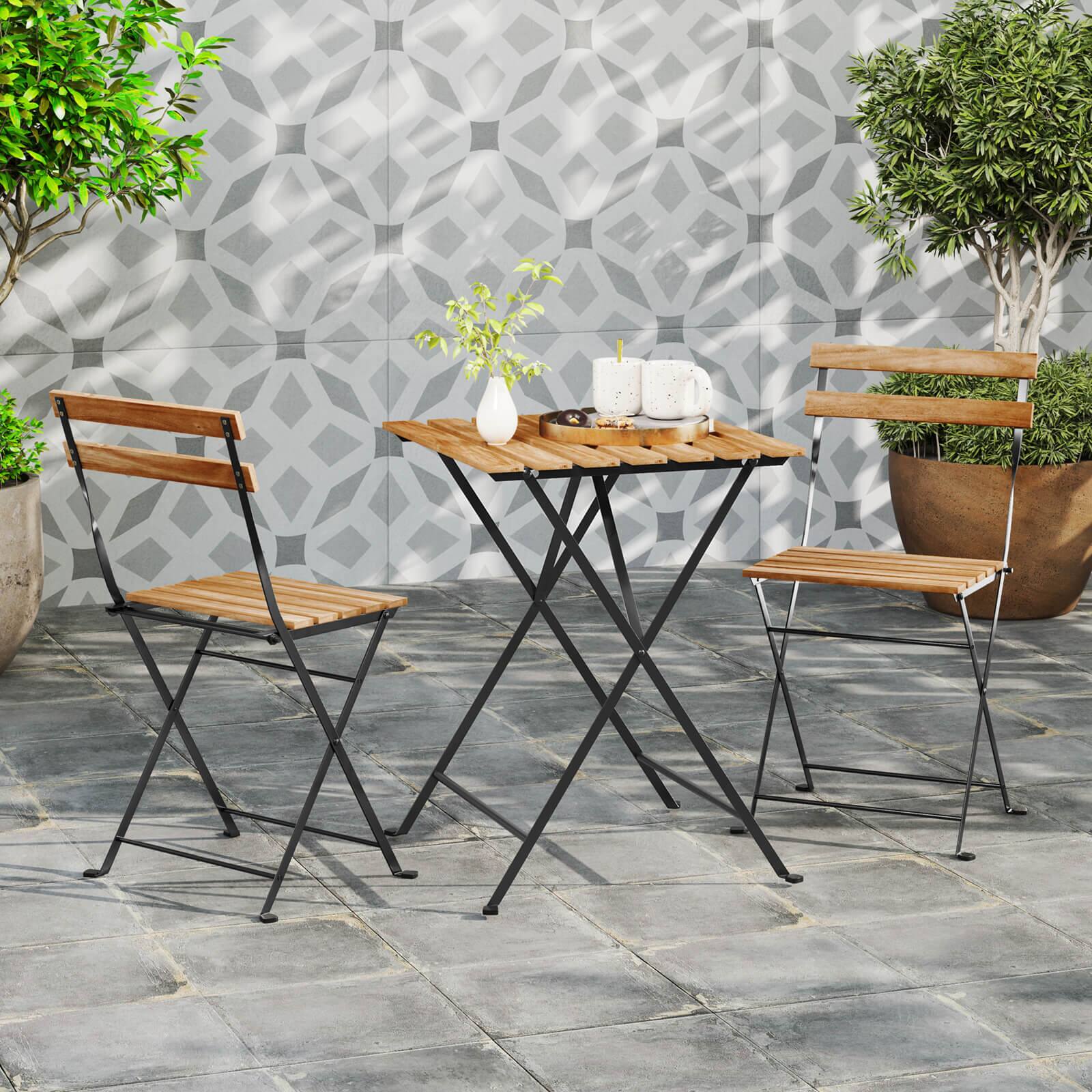 Alt View 1. Costway - Costway 3 PCS Patio Acacia Wood Bistro Set Bistro Table with 2 Folding Chairs Slatted Seat - Brown.