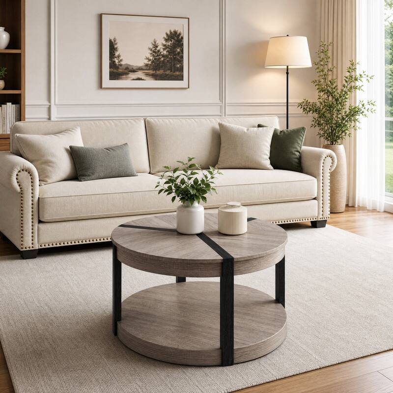 Angle. WELLFOR - 34.5" Modern Round Center Table with Storage Shelf, 2-Tier Wood Center Table for Living Room - Gray.