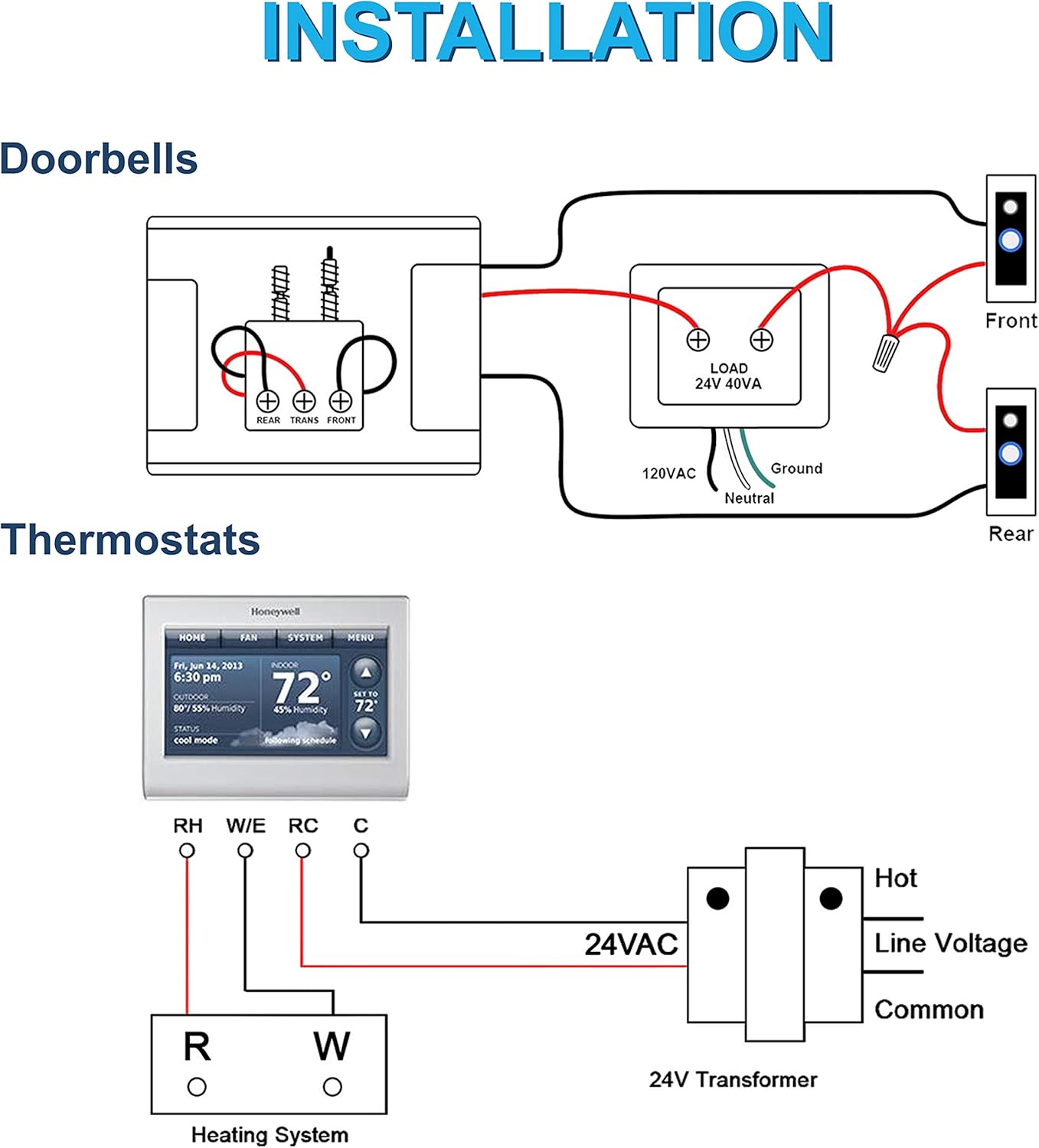 **INSTALLATION**

**Doorbells**

- **DAR TRANS FRONT LOAD 24V 40VA 120VAC**
- **Ground**
- **Neutral**
- **Rear**

**Thermostats**

- **HOME FAN SYSTEM**
- **HINO**
- **Fri, Jun 24, 2013**
- **6:30 pm**
- **OUTDOOR 72°**
- **SET TO 80°**
- **55% Humidity**
- **45% Humidity**
- **STATUS cool mode**
- **Alarming schedule**
- **RH W/E RC C**

**Heating System**

- **24VAC**
- **Line Voltage**
- **Common**
- **24V Transformer**