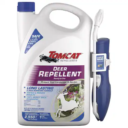 SAFE FOR
- PLANTS
- PEOPLE
- PETS
TOMCAT REPELLENTS
DEER REPELLENT
Ready-to-Use
Protect Your Landscape & Garden
LONG LASTING & RAIN RESISTANT FORMULA
TESTED & PROVEN RESULTS
100% MONEY BACK GUARANTEE
KEEP OUT OF REACH OF CHILDREN
CAUTION:
COVERS APPROXIMATELY
2,550 SQ FT
NET CONTENTS
1 GAL (3.78 L)
COMFORT WAND
CONTINUOUS SPRAY