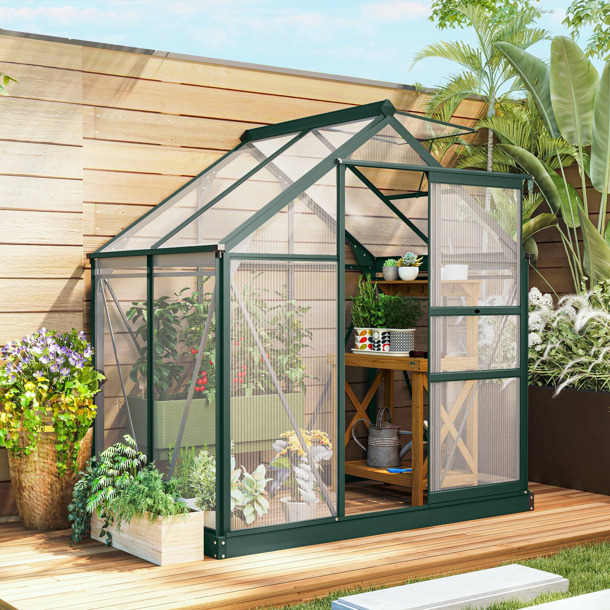 Alt View 3. Outsunny - 6' x 4' Greenhouse for Outdoors, Polycarbonate Greenhouse with Rain Gutter and Roof Vent, Aluminum Walk-in Green Houses.