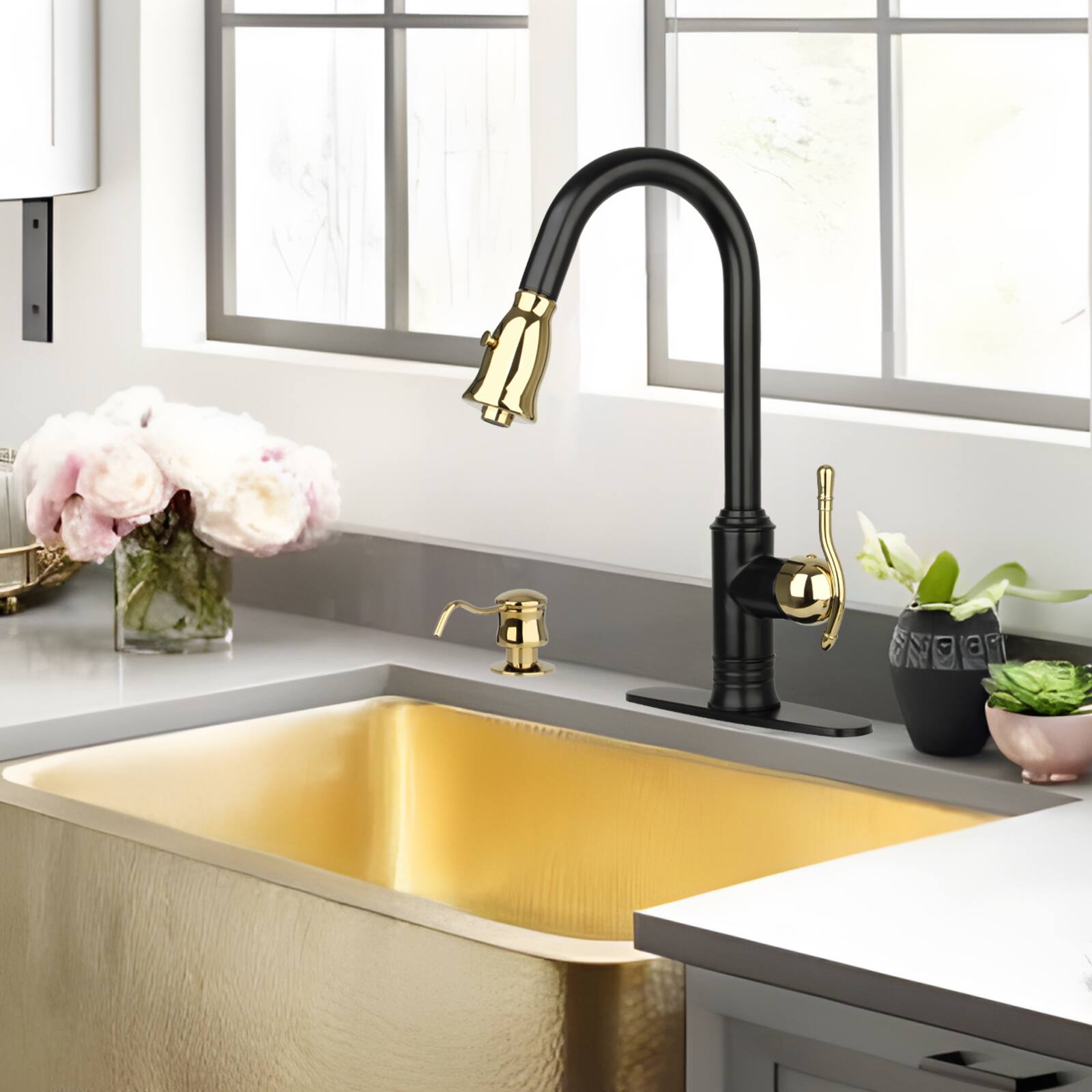 Alt View 4. Akicon - Akicon Solid Brass Single Handle Kitchen Faucet with Pull Down Sprayer in Matte Black & Gold - Matte Black & Gold.