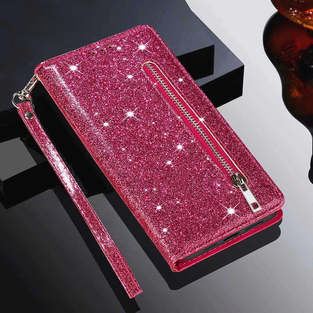Alt View 3. Dteck - Glitter Zipper Wallet Case for Samsung Galaxy S26 Ultra with Card Holder & Wrist Strap,Shockproof Protective Phone Cover - Rose.