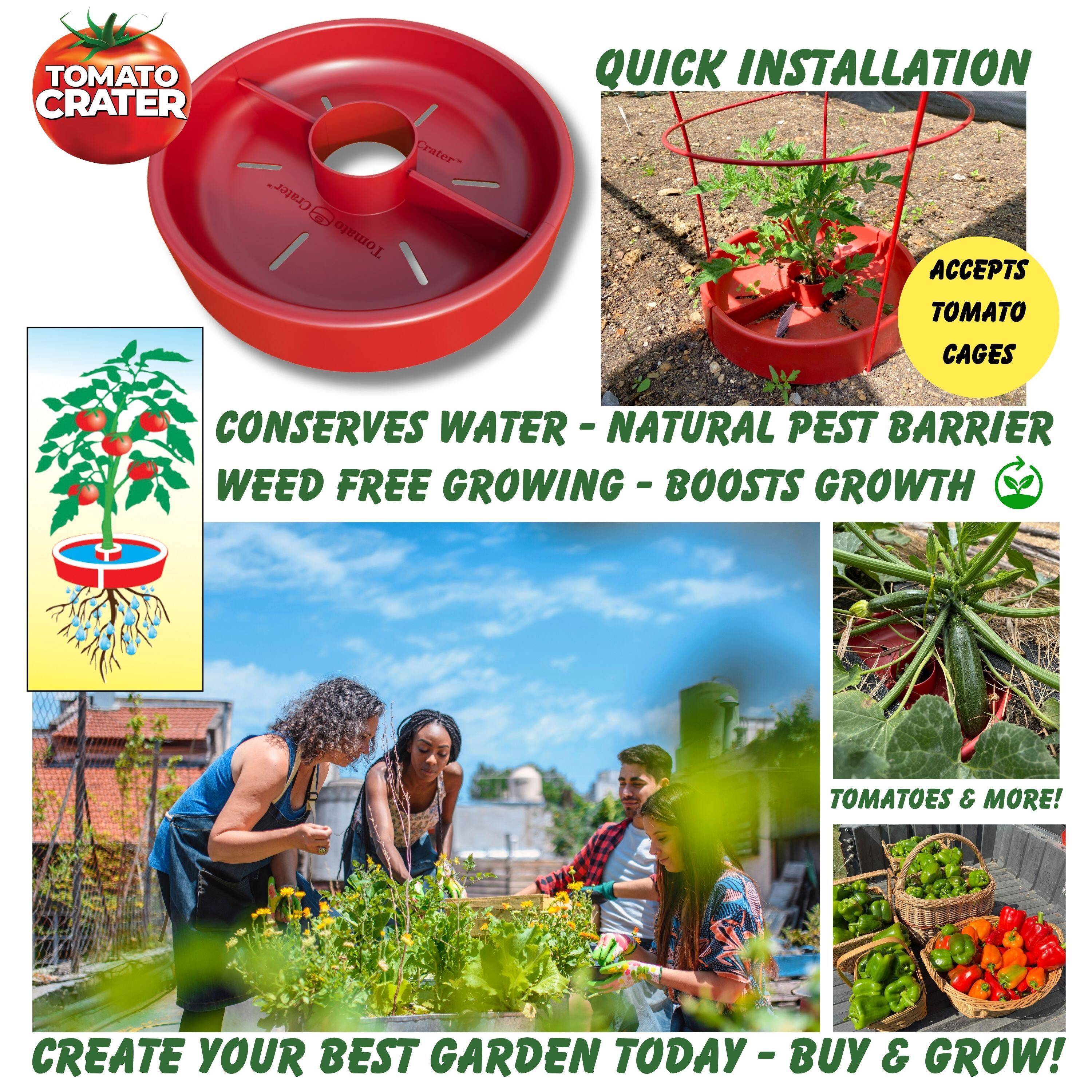 **TOMATO CRATER**

- **QUICK INSTALLATION**
- **ACCEPTS TOMATO CAGES**
- **CONSERVES WATER - NATURAL PEST BARRIER - WEED FREE GROWING - BOOSTS GROWTH**
- **TOMATOES & MORE!**
- **CREATE YOUR BEST GARDEN TODAY - BUY & GROW!**