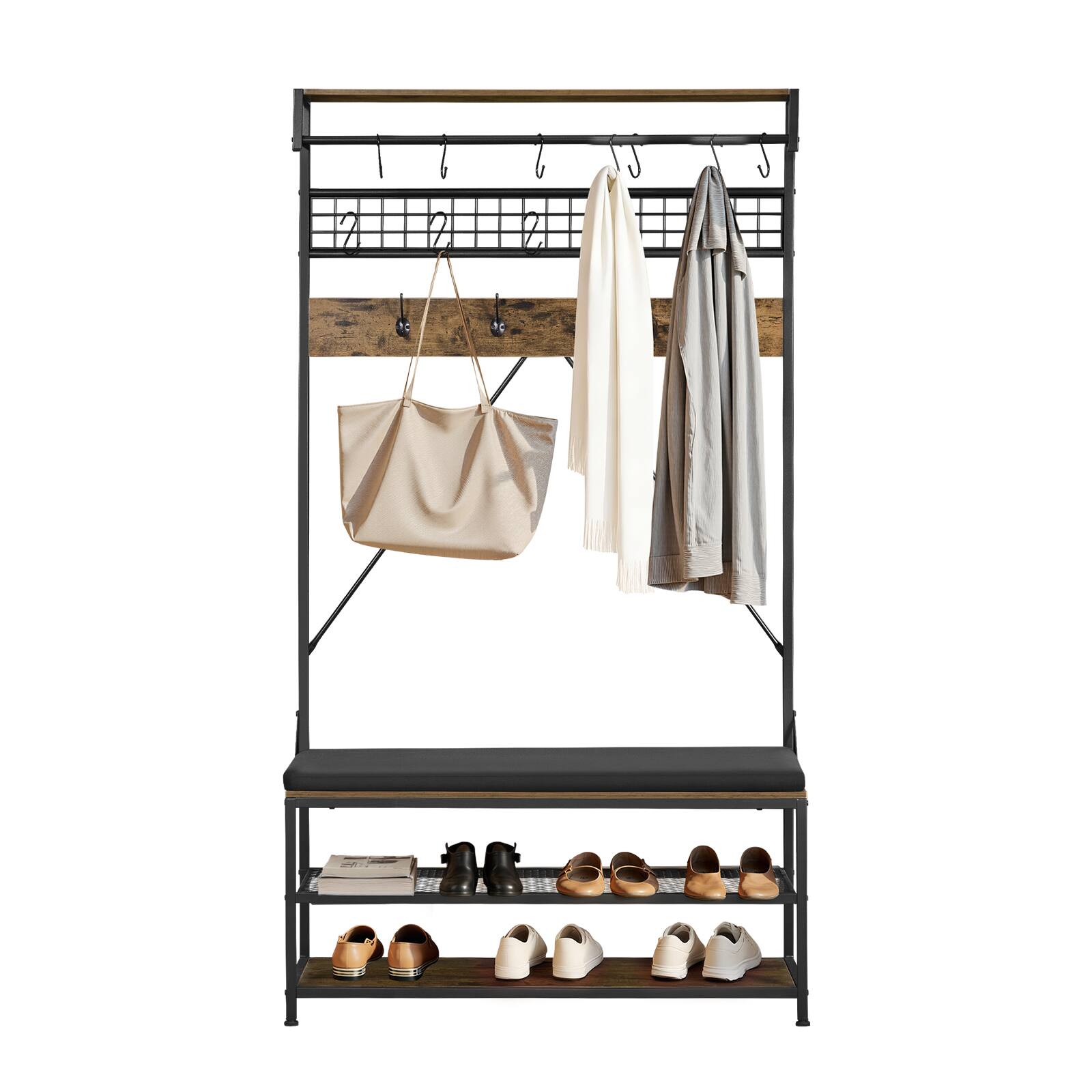 Alt View 5. VEVOR - Hall Tree, 72 in Coat Rack with Shoe Bench, 2-Tier Freestanding Shoe Rack Storage Organizer with Hooks - Brown.