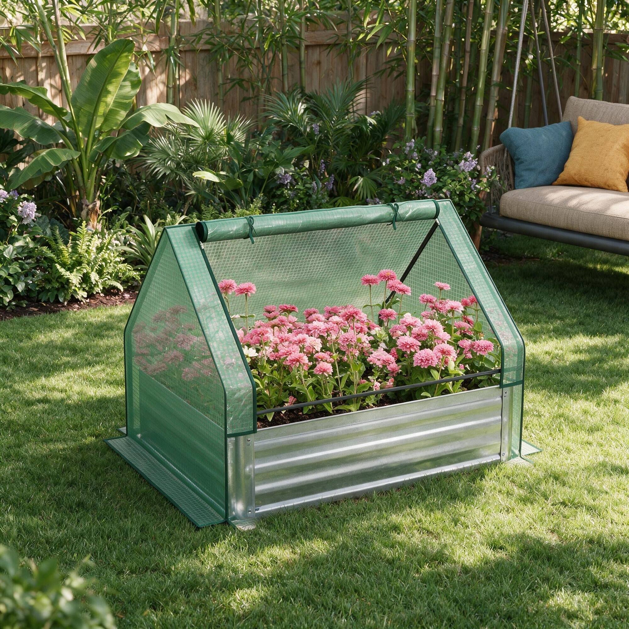 Alt View 2. RYHNUYNE - Raised Garden Bed with Mini Greenhouse, Galvanized Steel Planter Box with Cover for Herbs and Vegetables, Outdoor - Green.