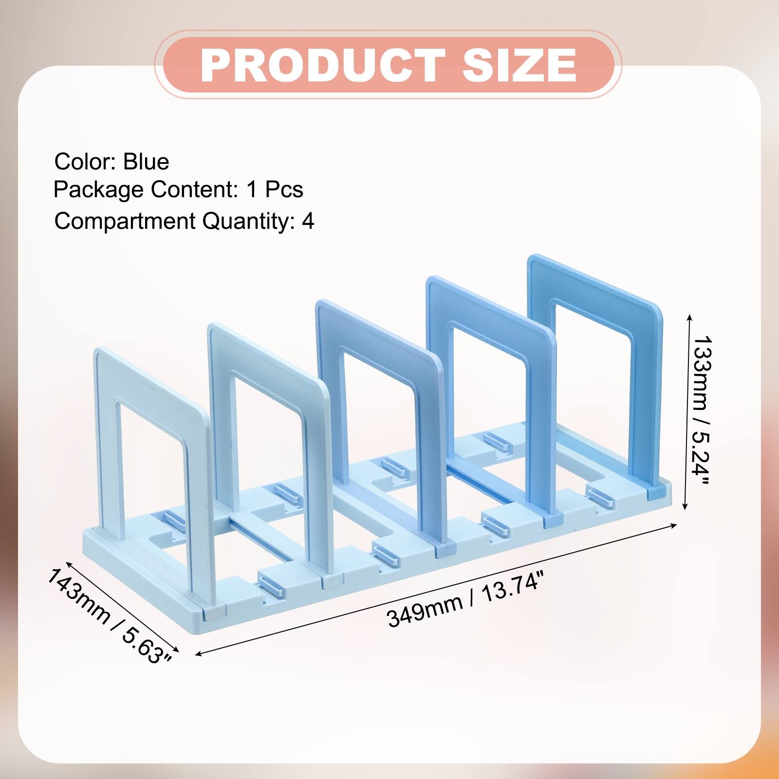 PRODUCT SIZE

Color: Blue  
Package Content: 1 Pcs  
Compartment Quantity: 4  

133mm / 5.24"  
143mm / 5.63"  
349mm / 13.74"