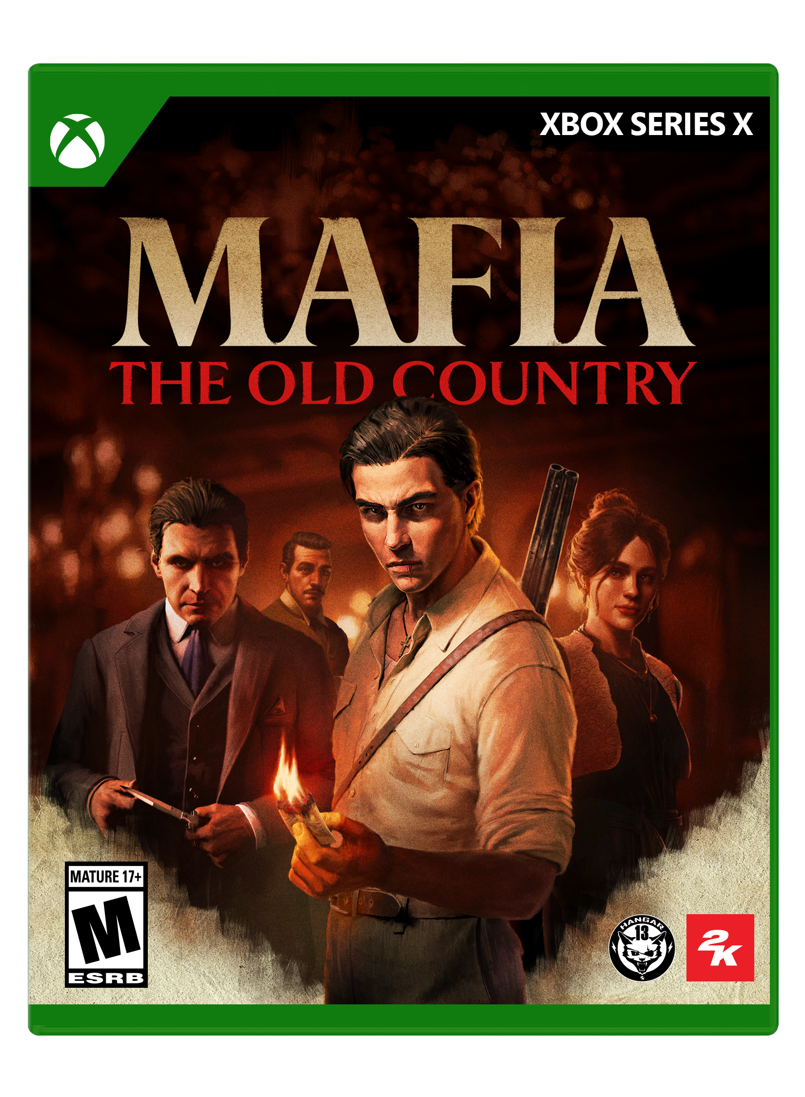 The text on the image is grouped and corrected as follows:
"XX SERIES X MAFIA THE OLD COUNTRY MATURE 17+ M ESRB HIANBAN 13+ 2K"