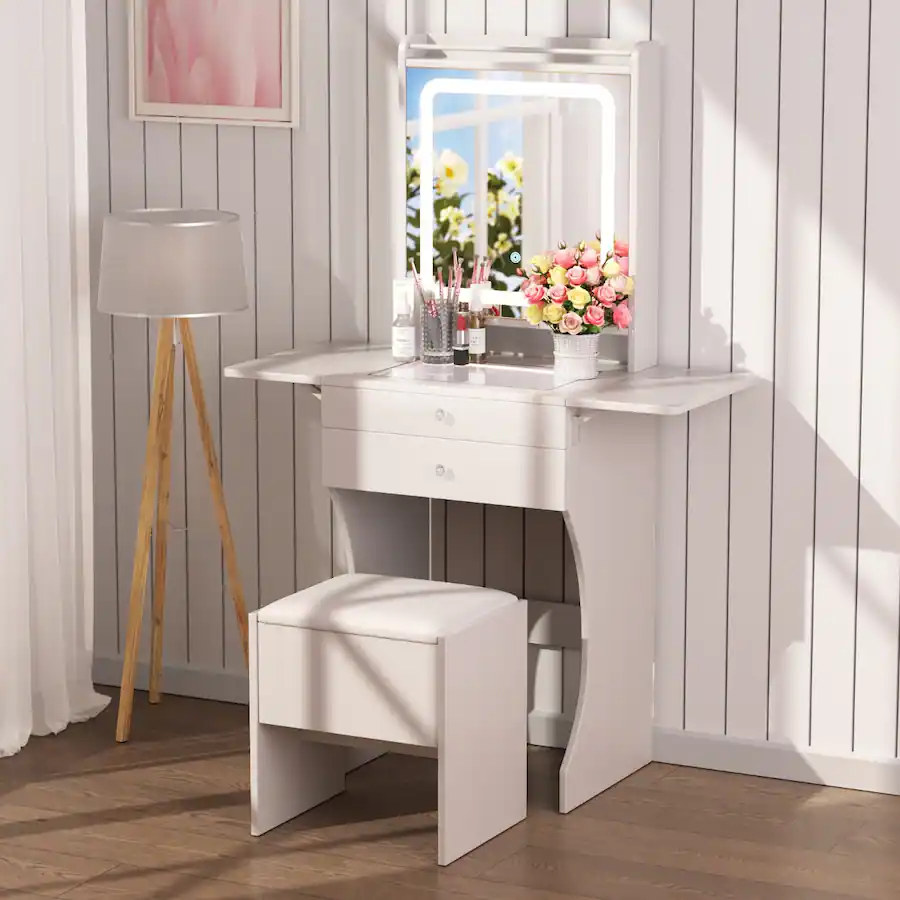 Small Rectangular Makeup Loheer Small Bedroom Makeup Vanity with Stool, LED Mirror and Foldable ...
