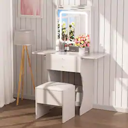 Loheer - Small Bedroom Makeup Vanity with Stool, LED Mirror and Foldable Side Tables - White