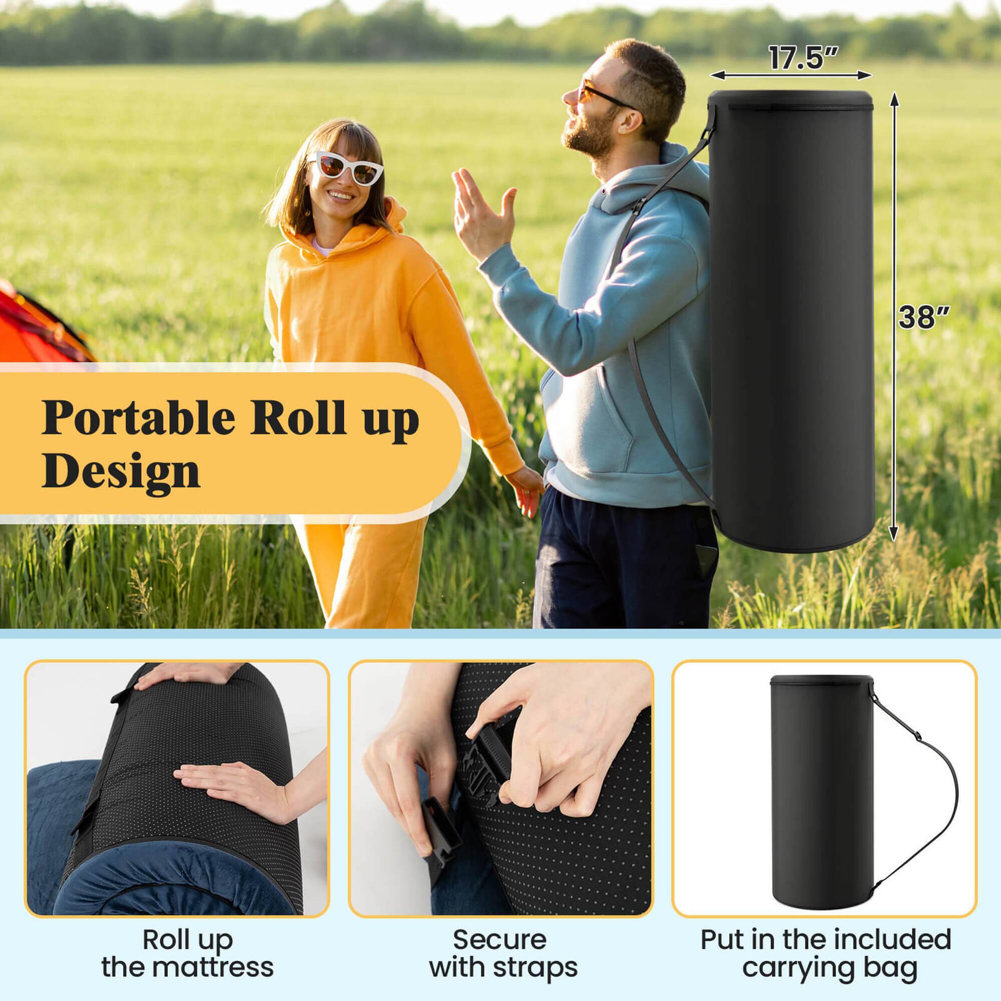 17.5" x 38" Portable Roll up Design  
- Roll up the mattress  
- Secure with straps  
- Put in the included carrying bag