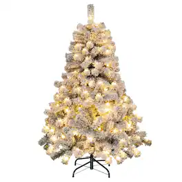 Costway - 4.5ft Pre-Lit Premium Snow Flocked Hinged Artificial Christmas Tree w/150 Lights - Green/White