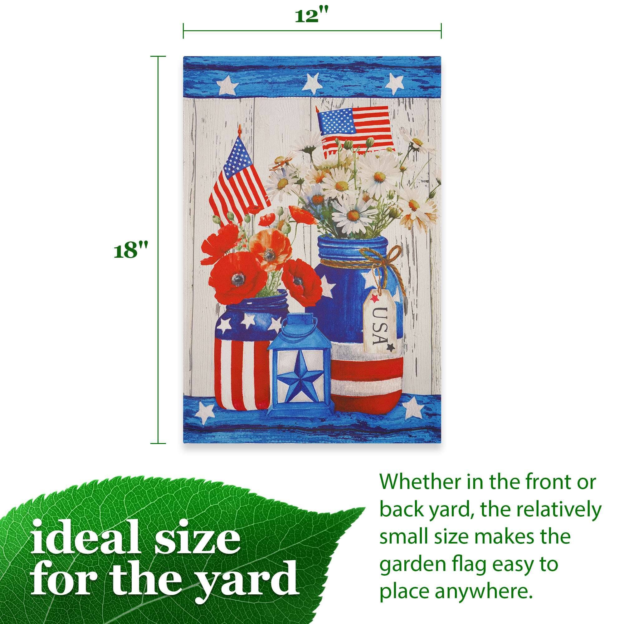 12" x 18" USA ideal size for the yard  
Whether in the front or back yard, the relatively small size makes the garden flag easy to place anywhere.