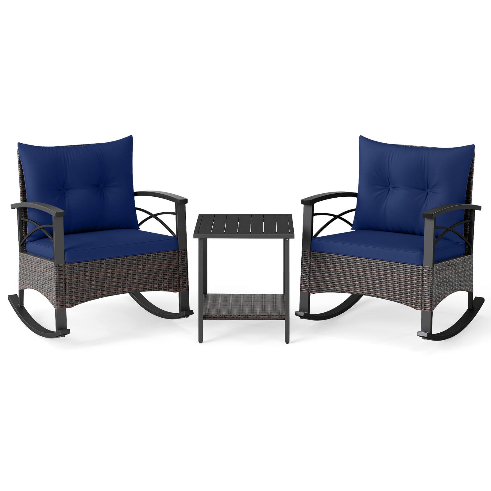 Alt View 7. Gymax - Gymax Set of 3 Rattan Rocking Chair Set w/Acacia Wood Tabletop Armrests for Porch Balcony Navy - Blue.