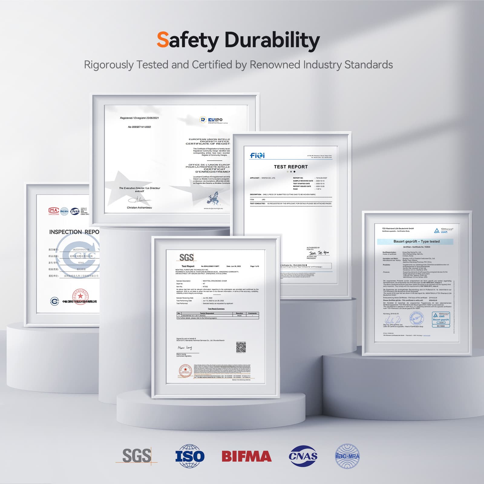 The text on the image is grouped and corrected as follows:
Safety Durability Rigorously Tested and Certified by Renowned Industry Standards
C EUIO - O : | ! n : Fiei E i TEST REPORT - C - - - MA - - INSPECTION-REPO : Bauan peprin yas - - SGS : ... adda I - - .. Co noi_o_ | 2 - : i ~ lg SGS ISO BIFMA CNAS ilac-MA