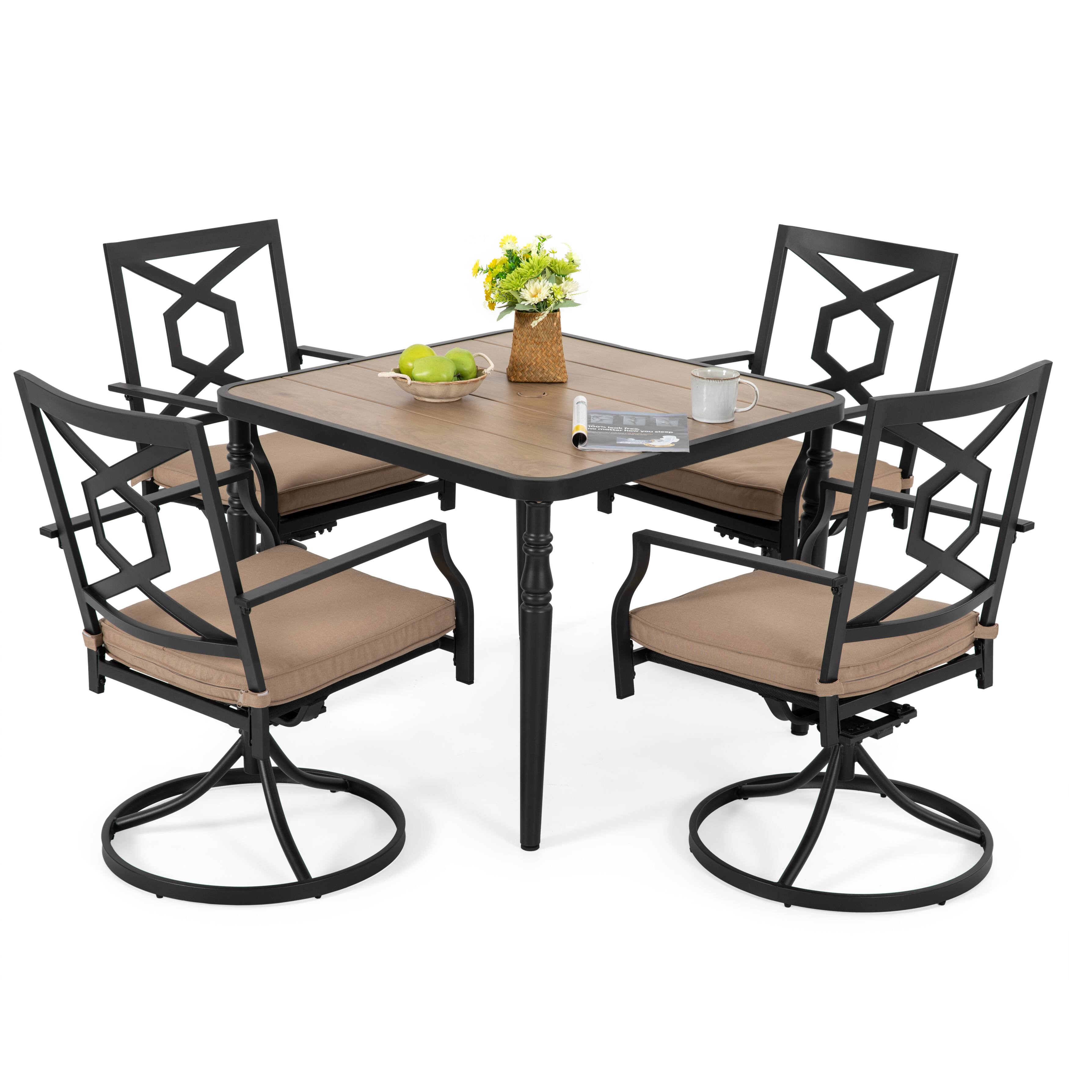 Front. Nuu Garden - Patio Metal Dining Set of 5 with Padded Cushions and Umbrella Hole - Black.
