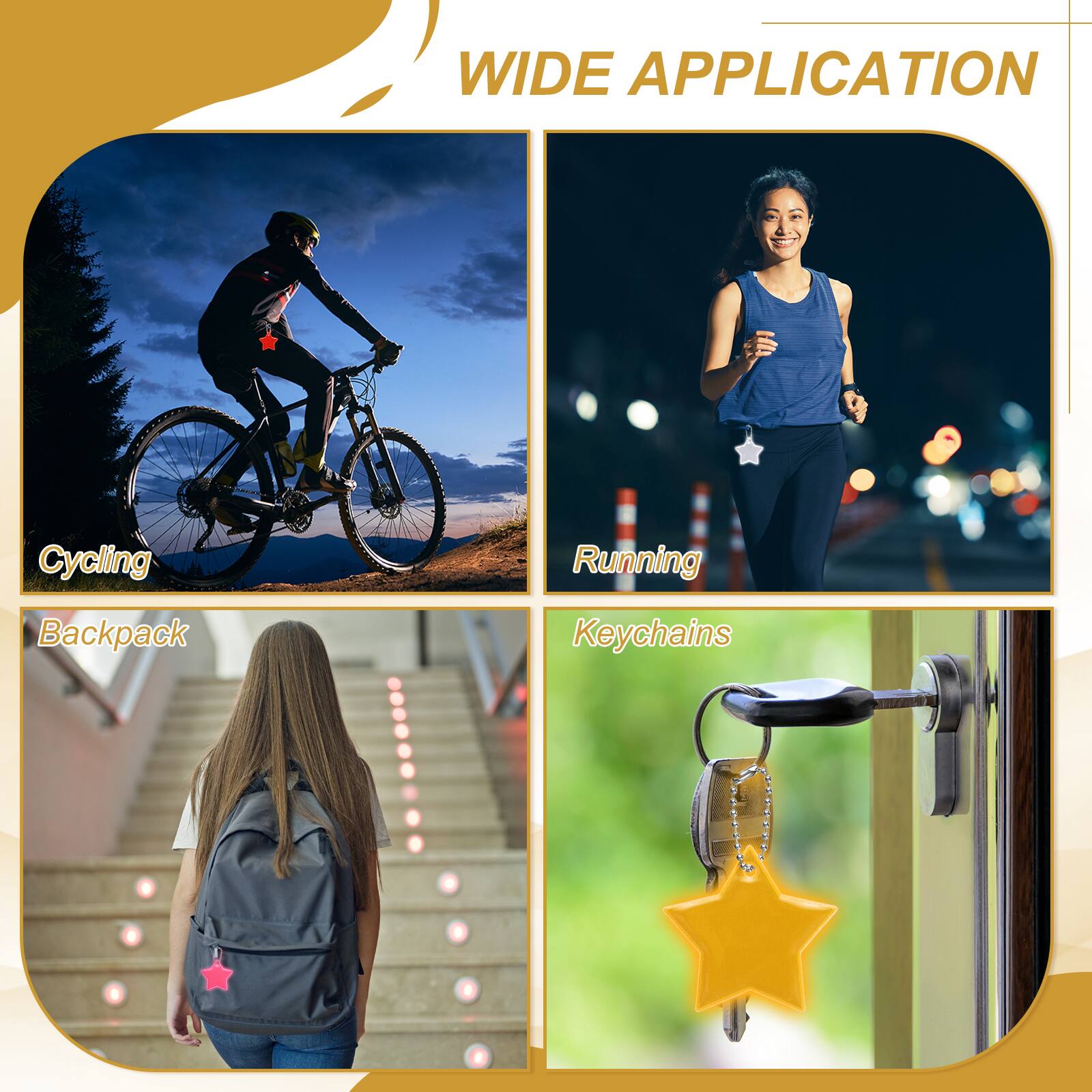 WIDE APPLICATION

Cycling  
Running  
Backpack  
Keychains