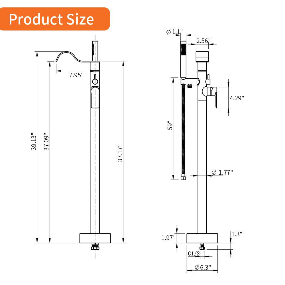 Product Size

- 1.1"
- 2.56"
- 7.95"
- 4.29"
- 39.13"
- 37.09"
- 37.17"
- 59"
- 1.77"
- 1.97"
- 1.3"
- G1/2"
- 6.3"