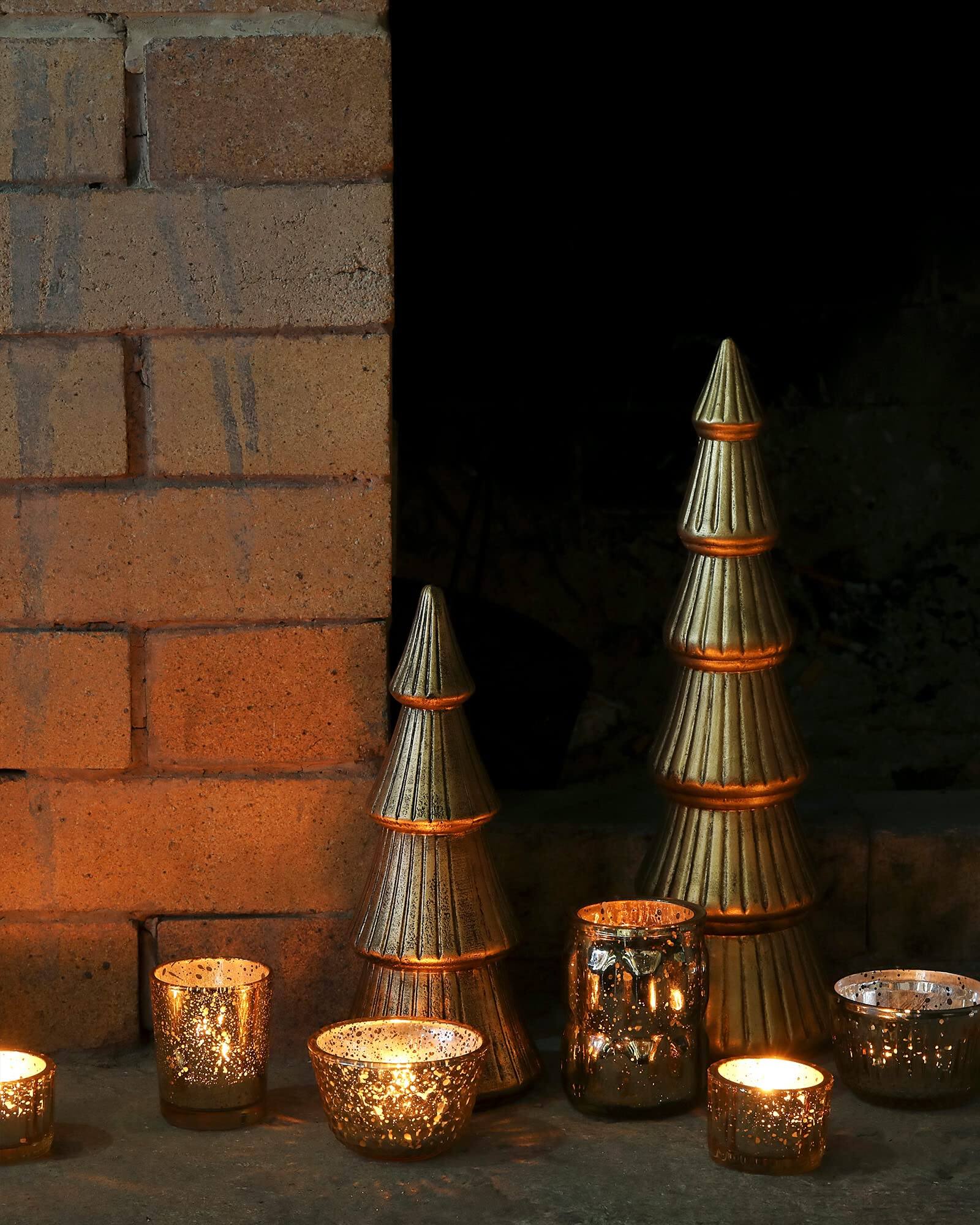 Alt View 3. Refined Abode Design - Christmas Tree Figurine Wooden Figurines Decorative Tabletop Small Glittered Golden Xmas Trees Mantle Indoor - Gold.