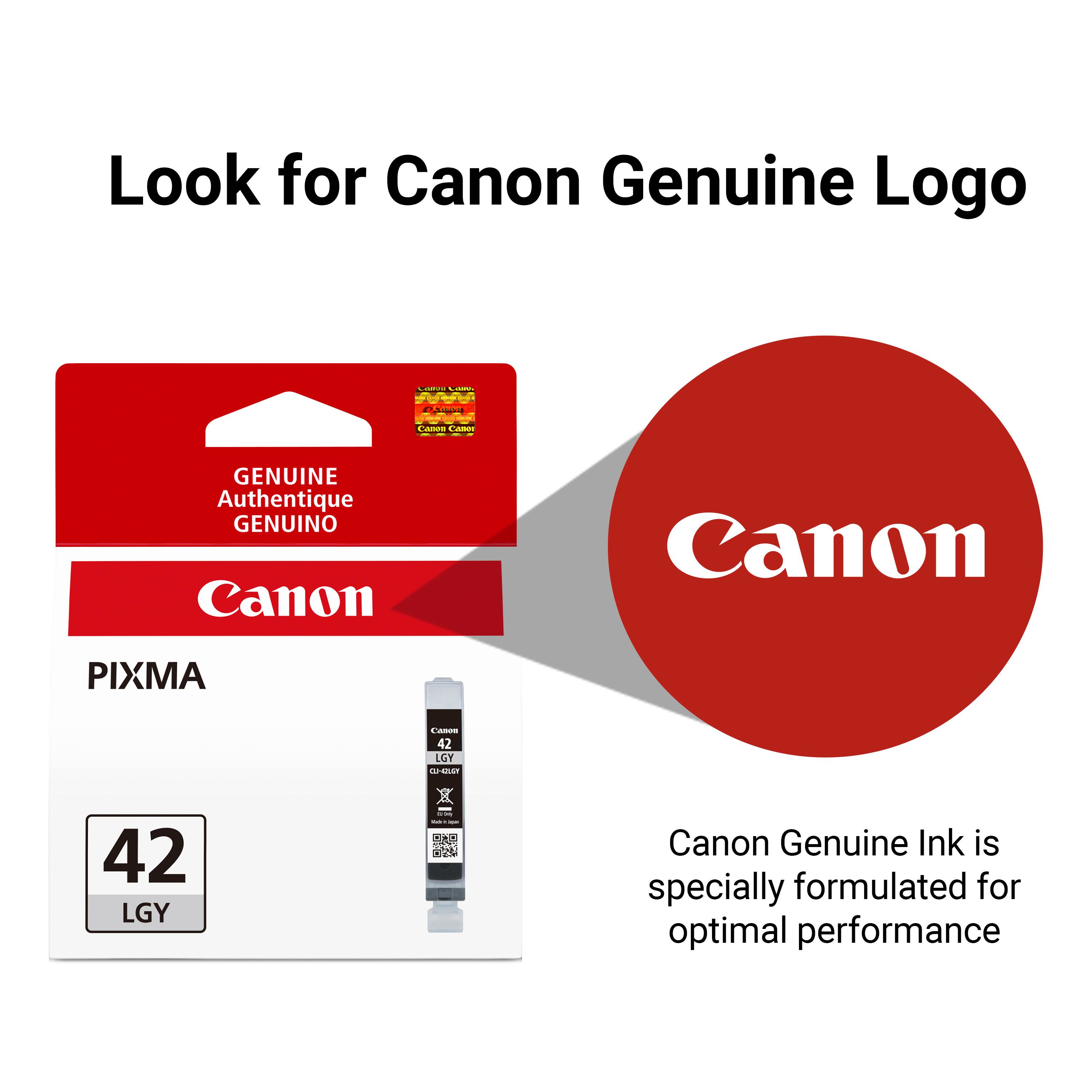 Look for Canon Genuine Logo

CAMPURA Lasson
Panail
Canon Caner
GENUINE Authentique GENUINO Canon
Canon
PIXMA
Canon 42 LGY CLU-QUEY
42 LGY
& 00 - Jeep
Canon Genuine Ink is specially formulated for optimal performance