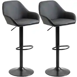 Homcom - Adjustable Bar Stools, Swivel Counter Height Barstools with Footrest and Back, PU Leather and Steel Round Base - Black