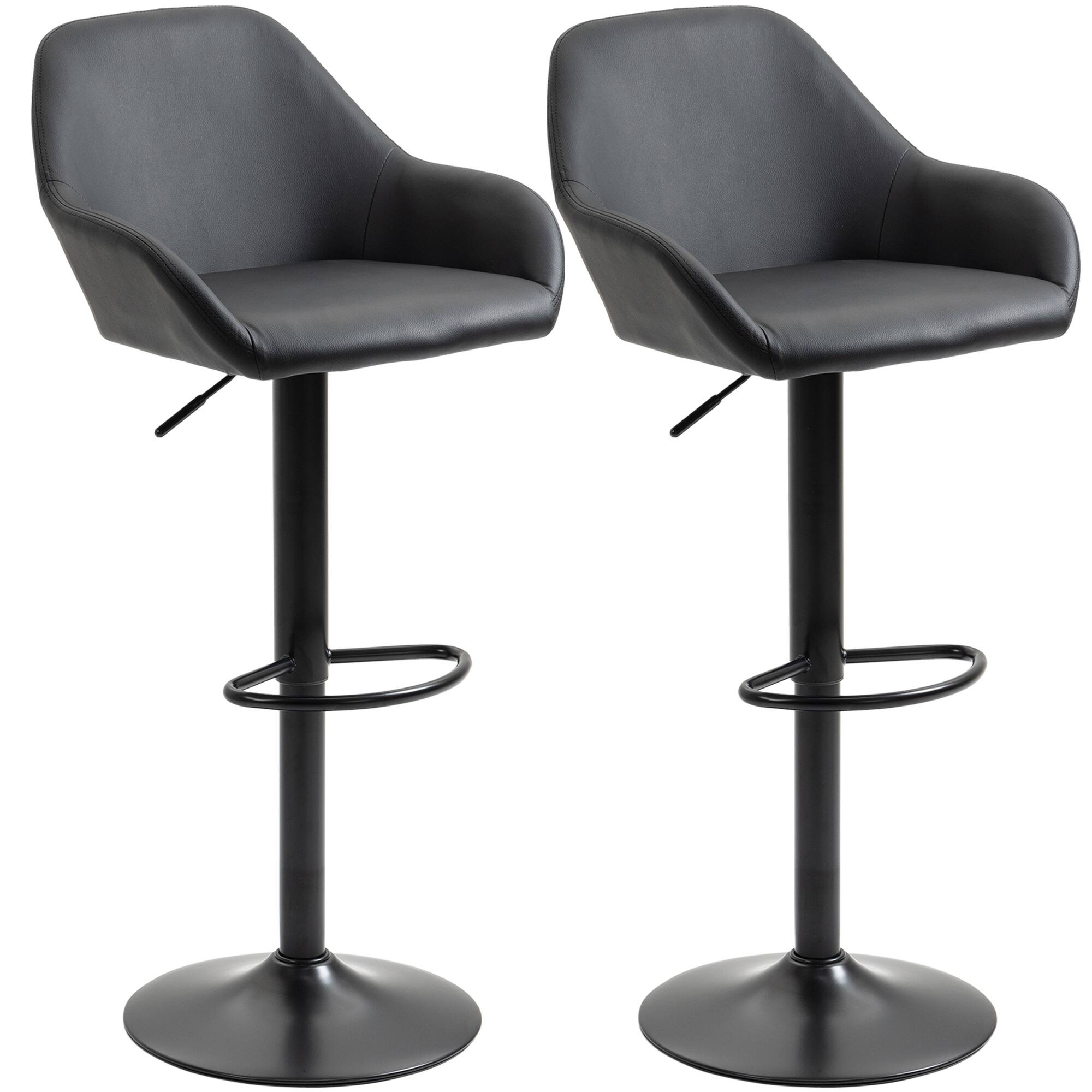 Front. Homcom - Adjustable Bar Stools, Swivel Counter Height Barstools with Footrest and Back, PU Leather and Steel Round Base - Black.