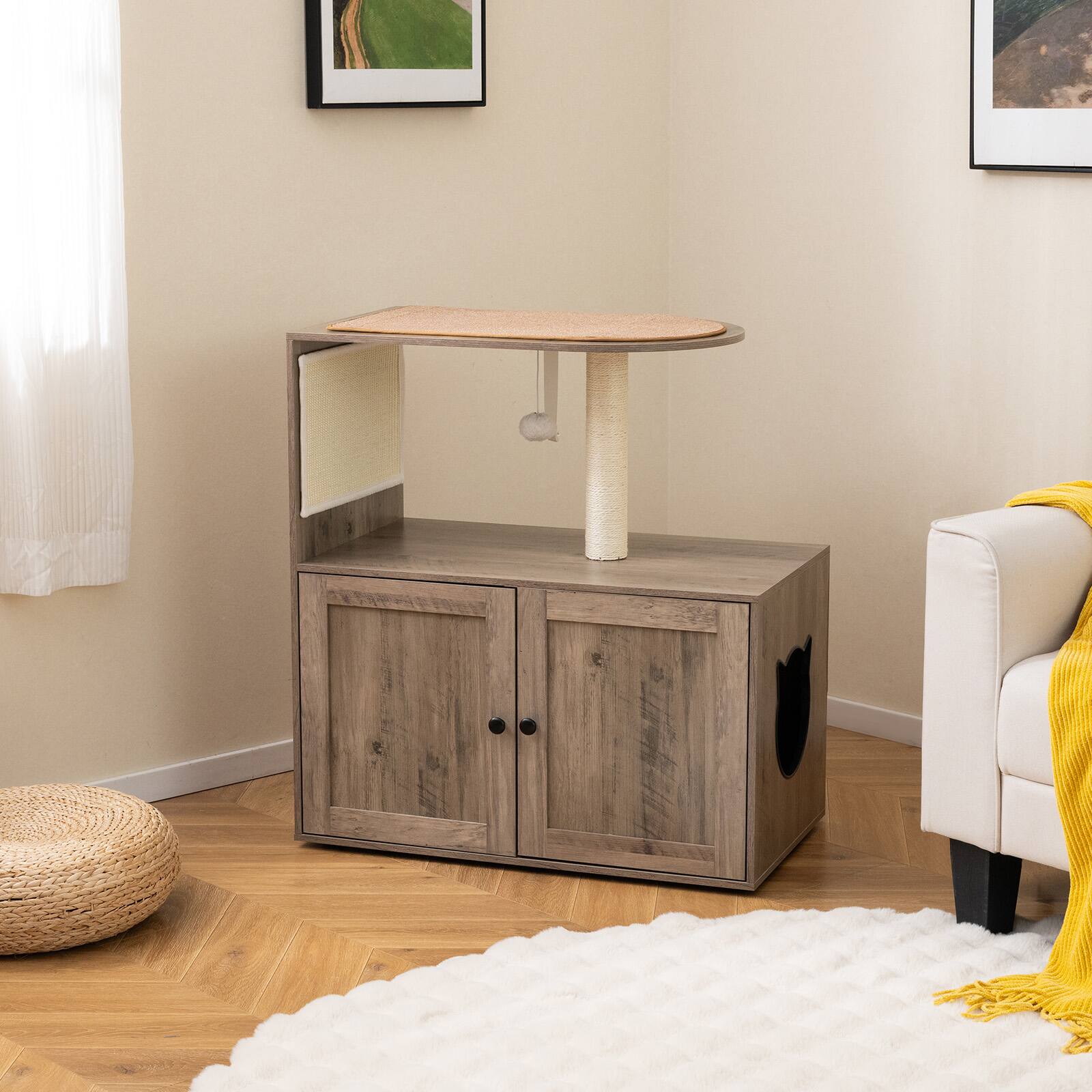 Alt View 3. Costway - Costway 34.5" Cat Litter Box Enclosure Cat Climbing Tower w/Sisal Scratching Post & Mat - Gray.