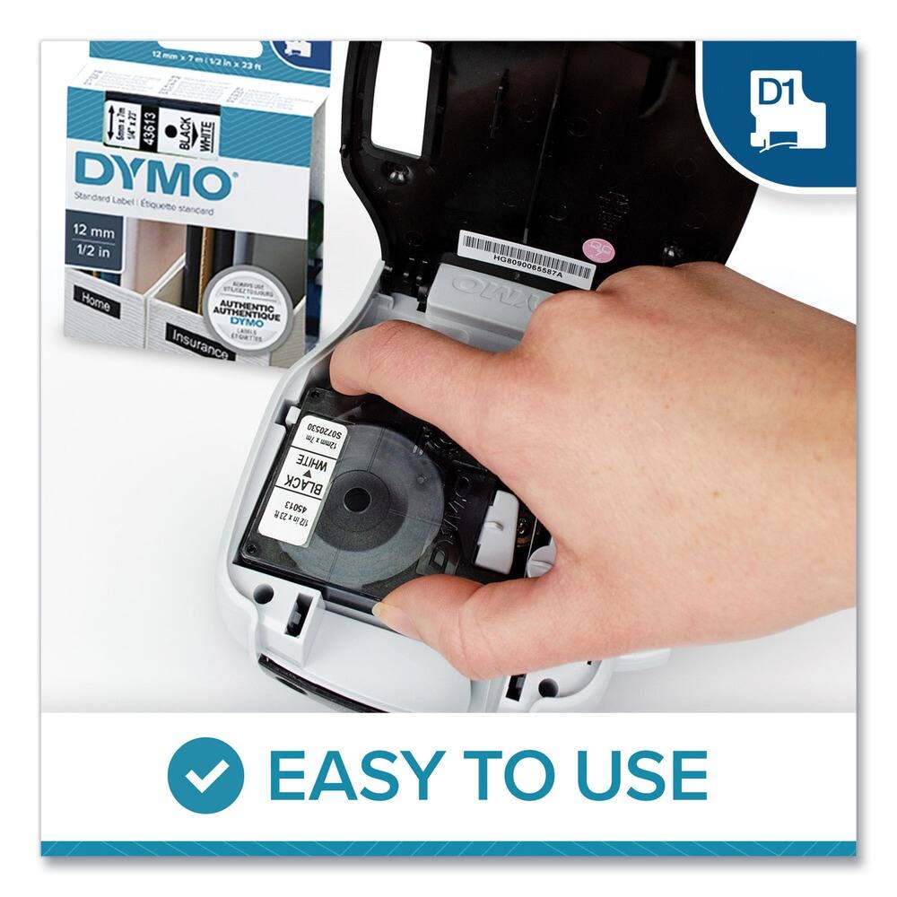 12mm x 7m (1/2 in x 23 ft) DYMO Standard Label - Etiquete standard 12 mm 1/2 in  
Home Insurance  
AUTHENTIC AUTHENTIQUE DYMO  
D1 - 50720530 - WHITE BLACK  
EASY TO USE