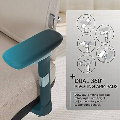 + DUAL 360° PIVOTING ARM PADS  
DUAL 360° pivoting arm pad rotation plus arm height adjustments for peak support and control.