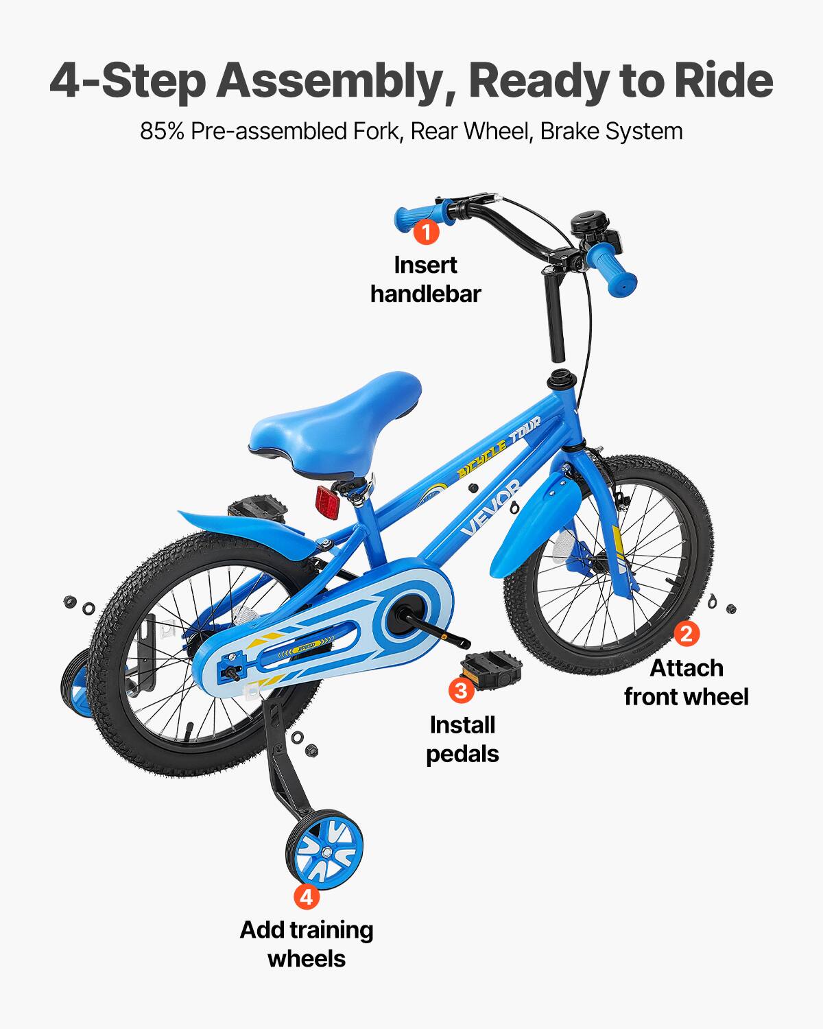 4-Step Assembly, Ready to Ride  
85% Pre-assembled Fork, Rear Wheel, Brake System  

1. Insert handlebar  
2. Attach front wheel  
3. Install pedals  
4. Add training wheels