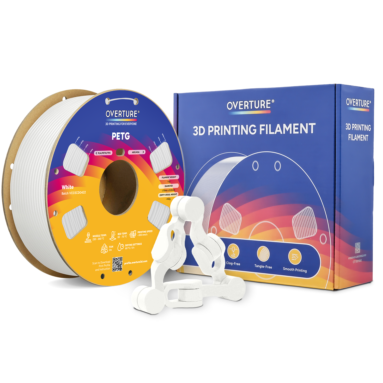 OVERTURE - 3D PRINTING FOR EVERYONE  
PETG  
OVERTURE 3D PRINTING FILAMENT  

White  
Batch: Volco2022  

- Clog-Free  
- Tangle-Free  
- Smooth Printing  

OVERTURE 3D PRINTING FILAMENT