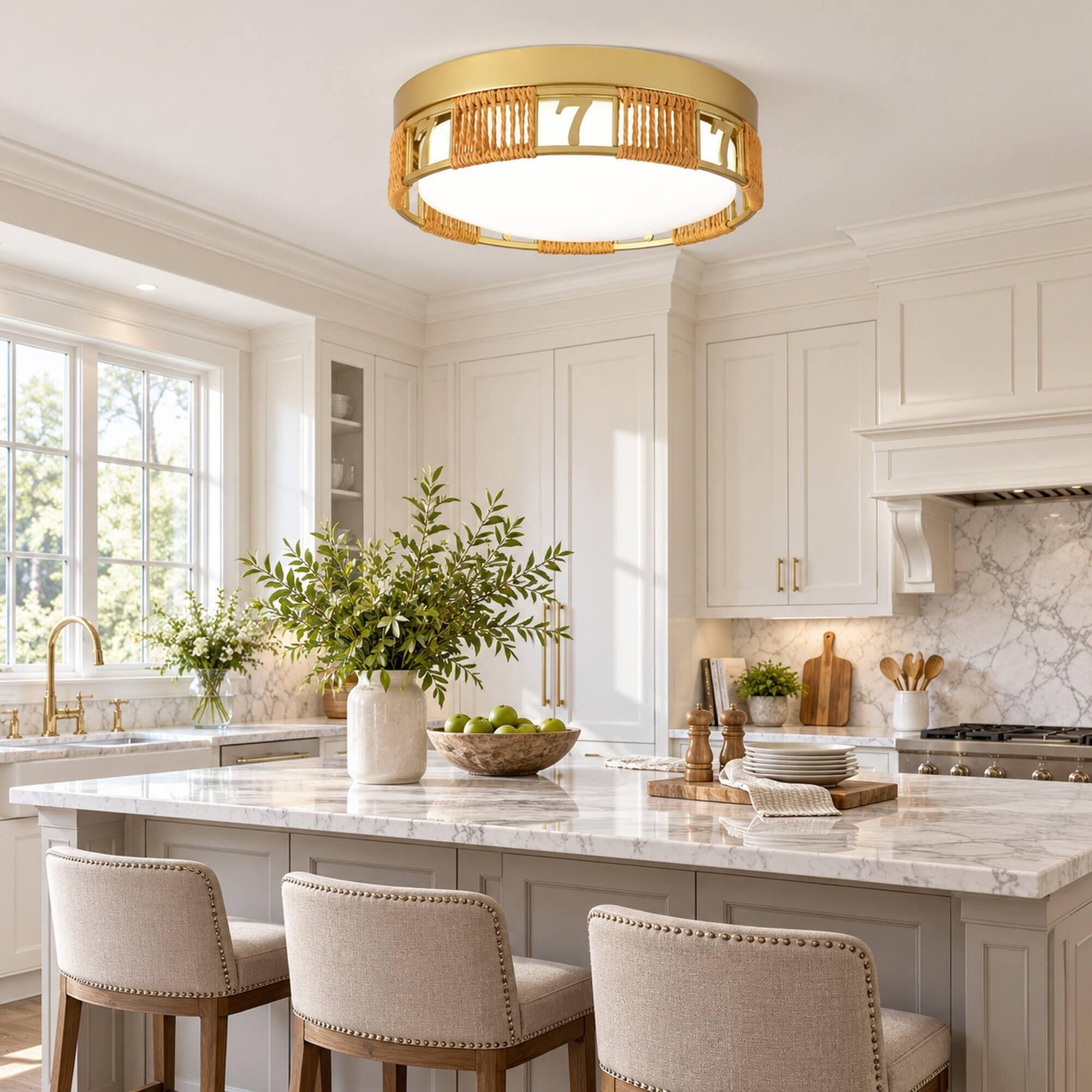 Alt View 1. RYHNUYNE - Boho LED Flush Mount Ceiling Light, 11.81 in Gold Metal Frame, Woven Hemp Rope, Frosted Acrylic Shade, Dimmable - Gold.
