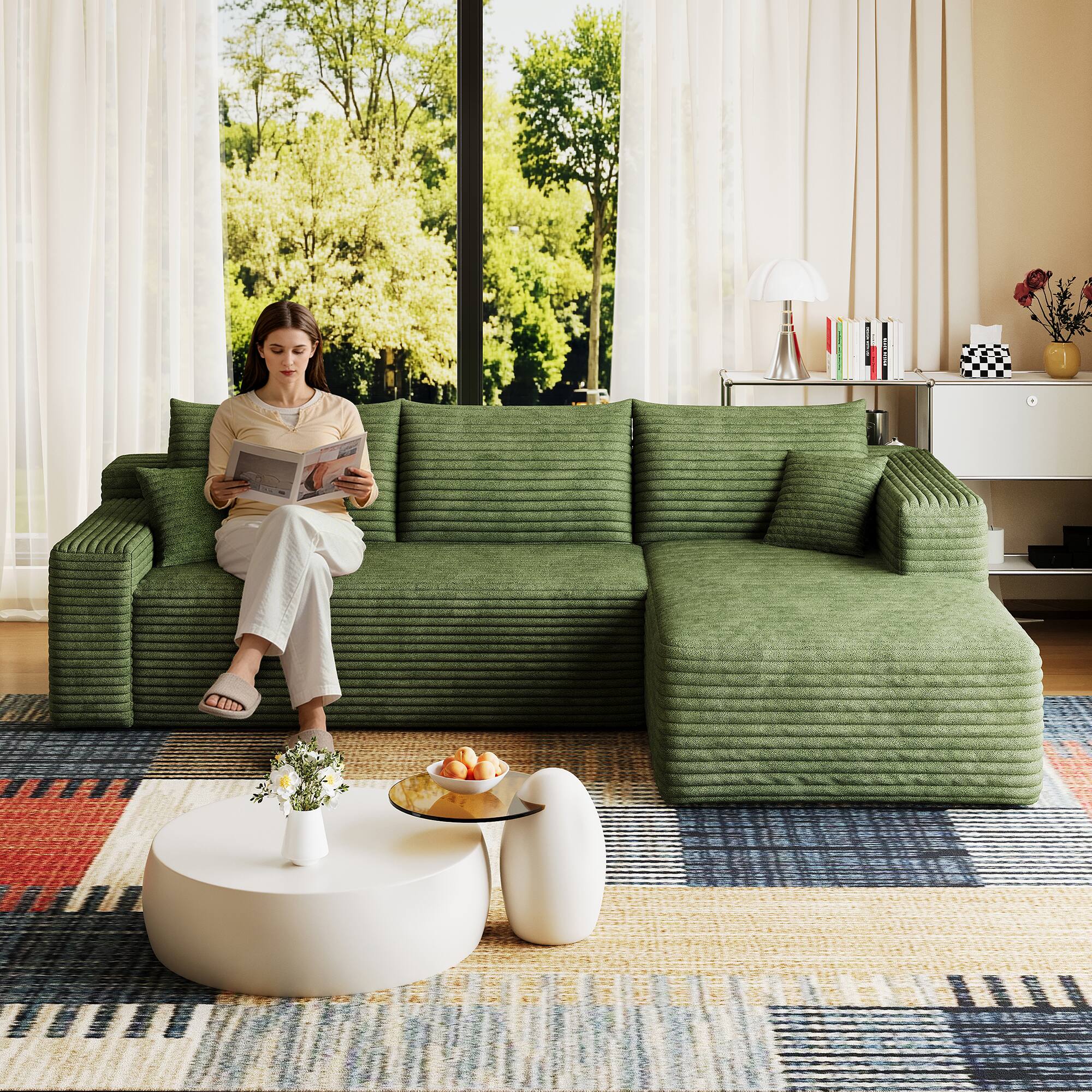 Alt View 3. Meqiodas - 95" Cloud Sectional Sofa, Comfort L Shaped Couch for Living Room,Deep Seat Corner Couch,No Assembly Required - Green.