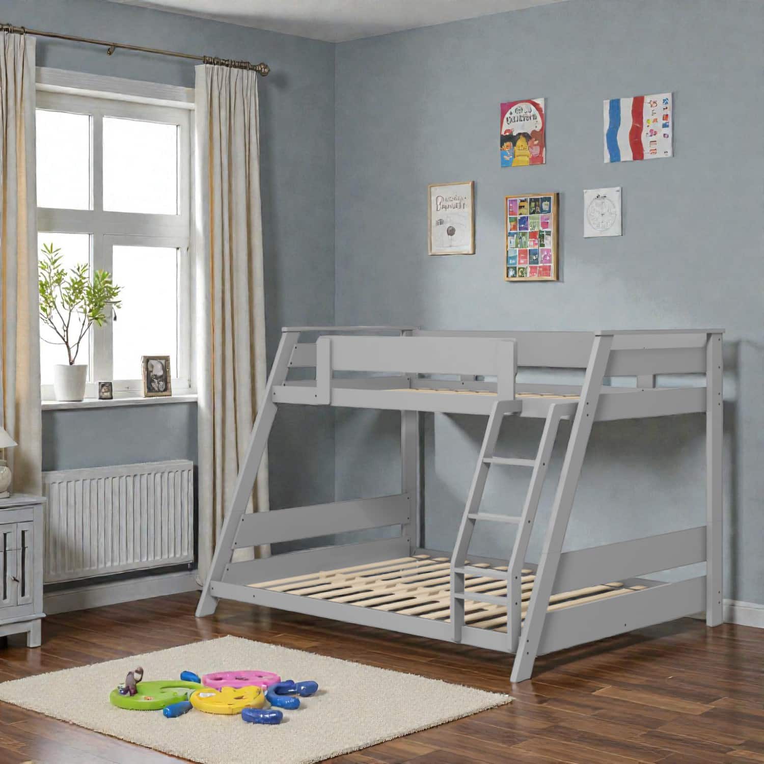 Hivvago - Low Profile Twin Over Full Bed Frame with Adjustable Reversible Ladder - Gray
