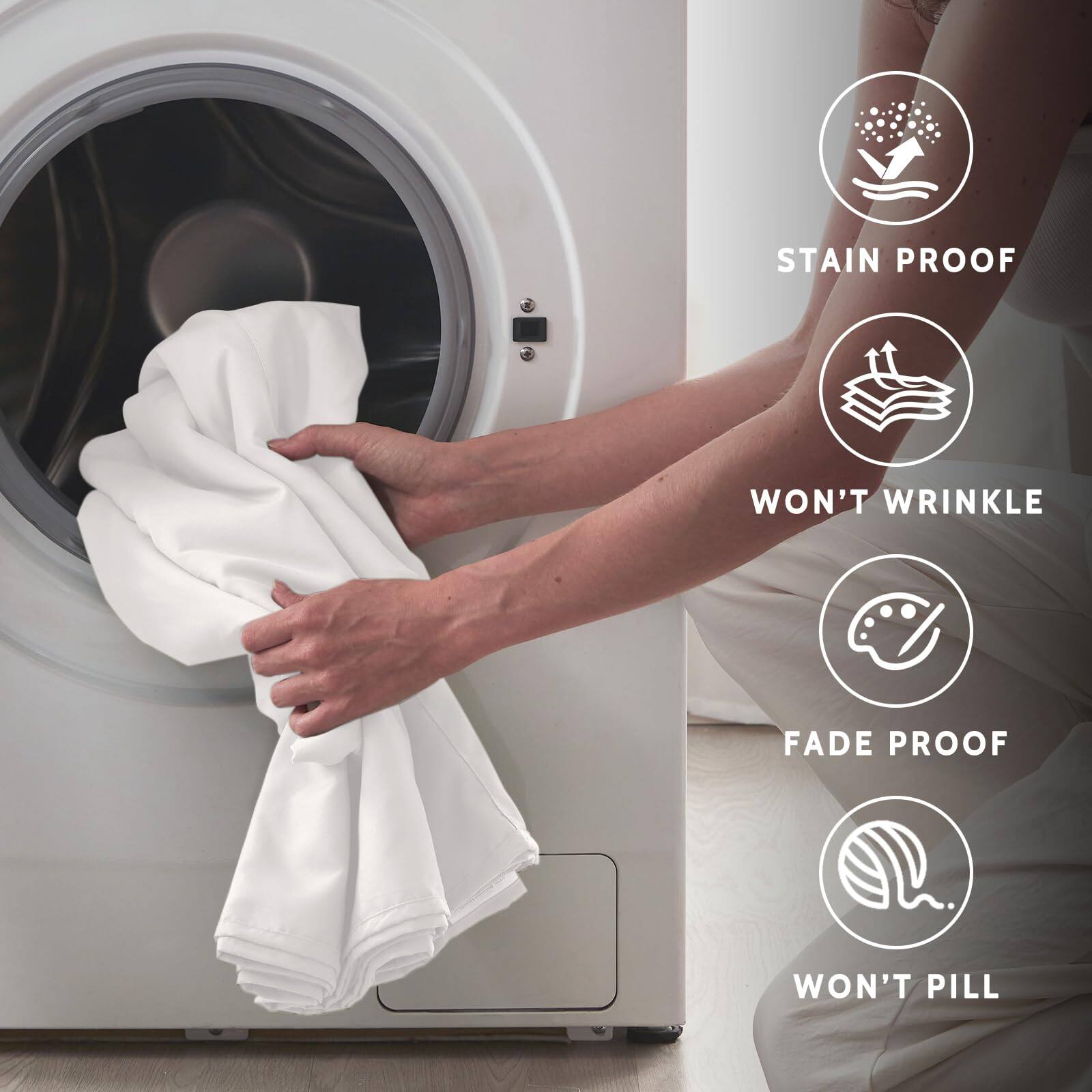 STAIN PROOF  
WON'T WRINKLE  
FADE PROOF  
WON'T PILL