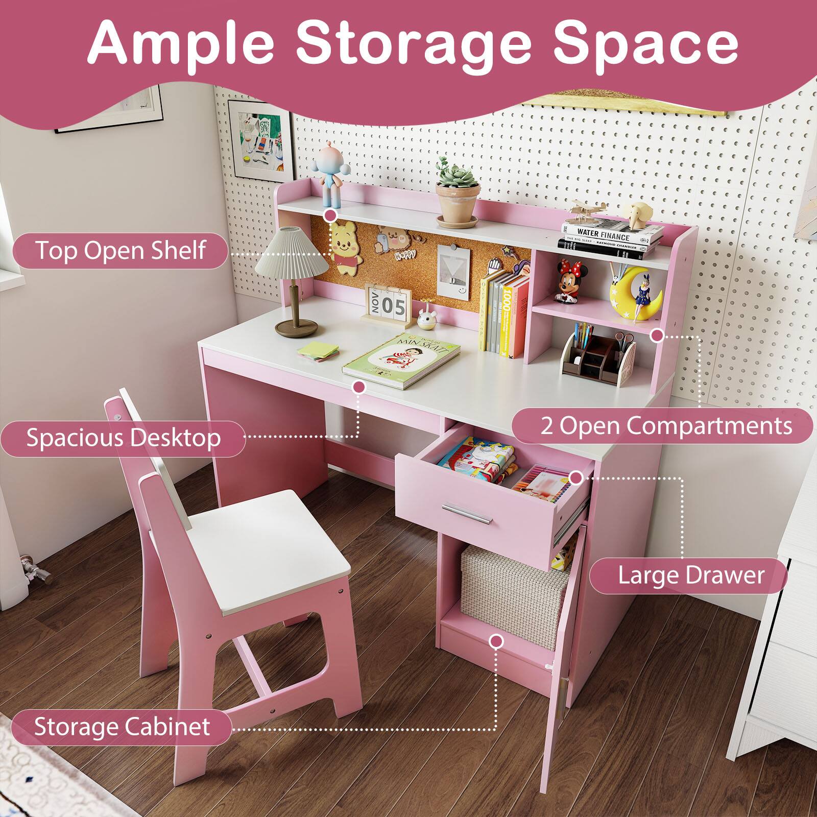 Ample Storage Space  
Top Open Shelf  
Spacious Desktop  
2 Open Compartments  
Large Drawer  
Storage Cabinet