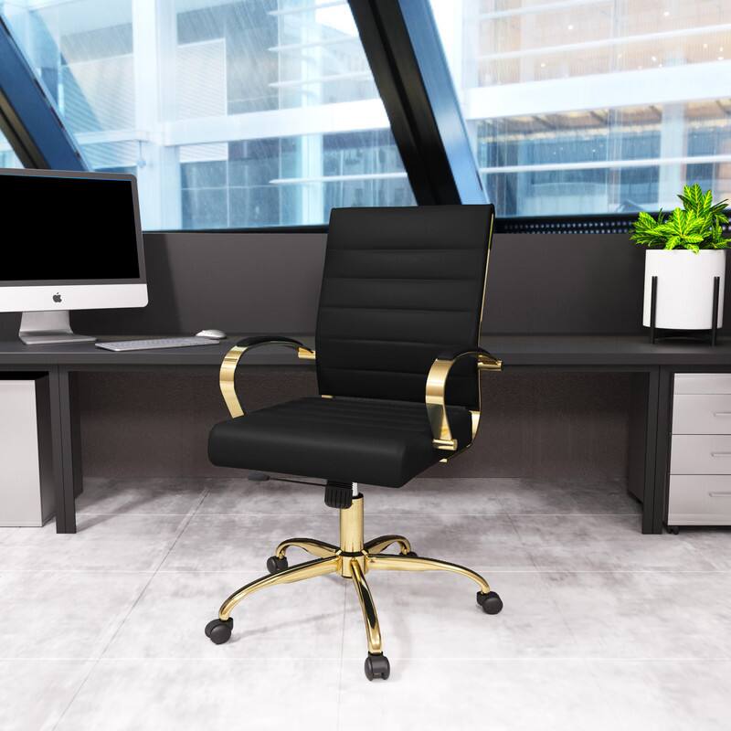 Angle. LeisureMod - Benmar Leather Office Chair with Gold Accents, Adjustable Height, Swivel, Ergonomic Design for Home Office or Workspace - Black.