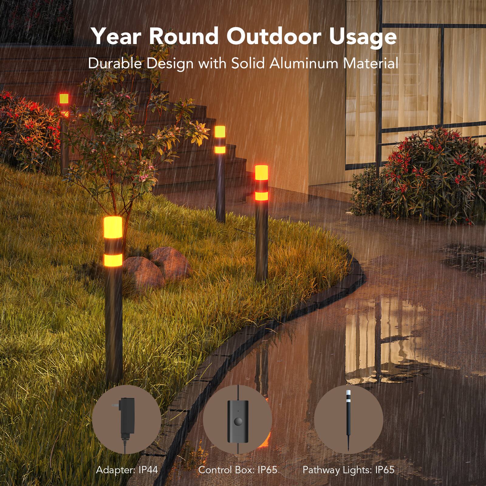 Year Round Outdoor Usage Durable Design with Solid Aluminum Material Adapter: P44 Control Box: IP65 Pathway Lights: IP65