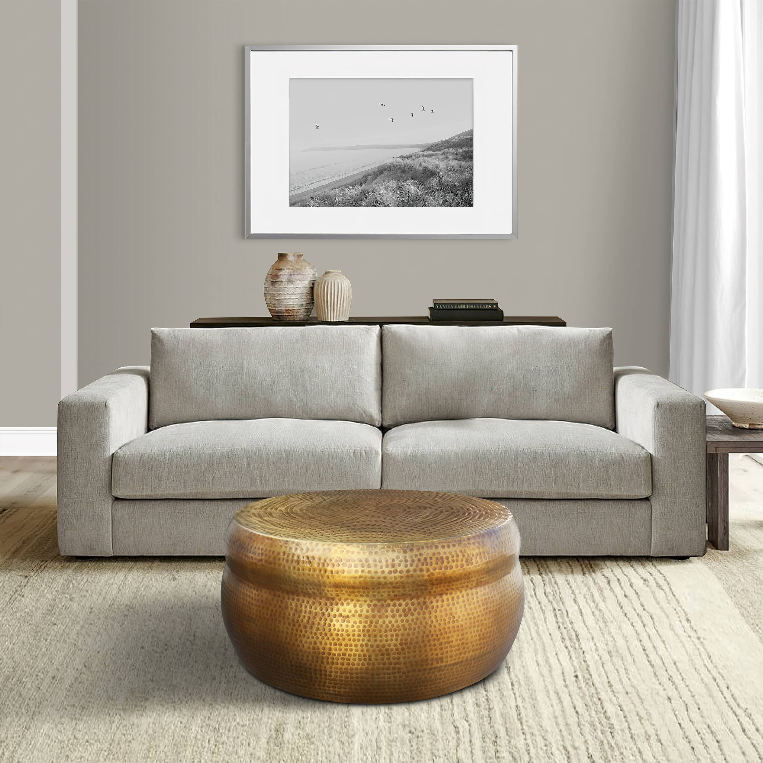Alt View 4. Manhattan Lane - 32 Inch Artisanal Round Drum Coffee Table, Hammered Embossed Texturing, Aluminum - Brass.