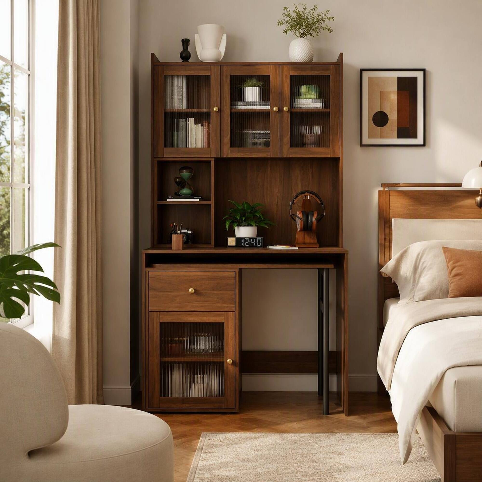 Left. RYHNUYNE - Computer Desk with Rotating Desktop and Glass Door Cabinets, Bookshelf Hutch, 15 mm Particle Board, Home Office Study - Walnut.