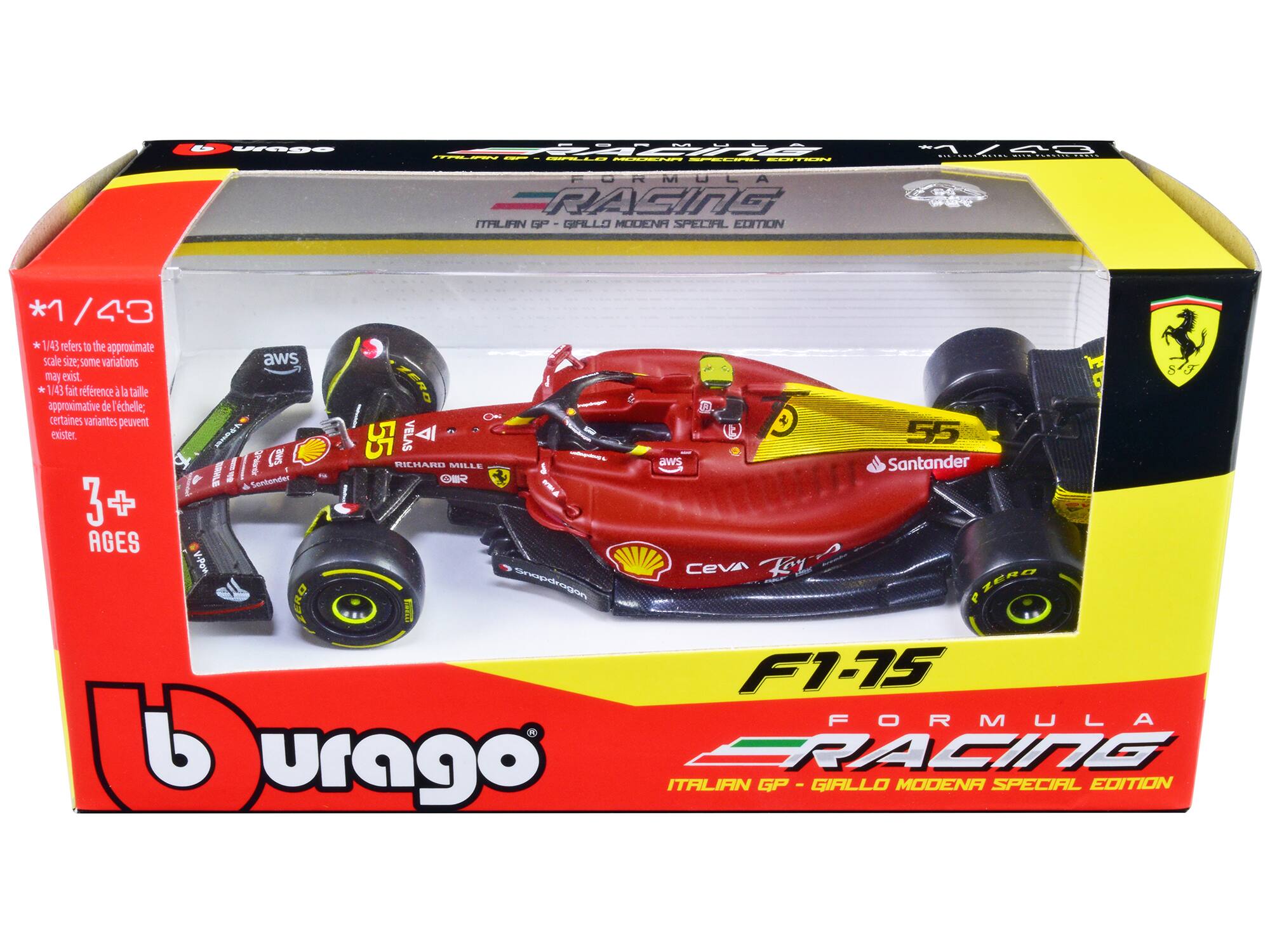 Bburago - Ferrari F1-75 #55 Carlos Sainz "Giallo Modena" Formula One F1 Italian GP (2022) "Formula Racing" Series 1/43 - Red
