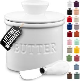 Zulay Kitchen - Porcelain Butter Crock With Lid & Knife - Authentic French Butter Dish Keeper For Fresh - White