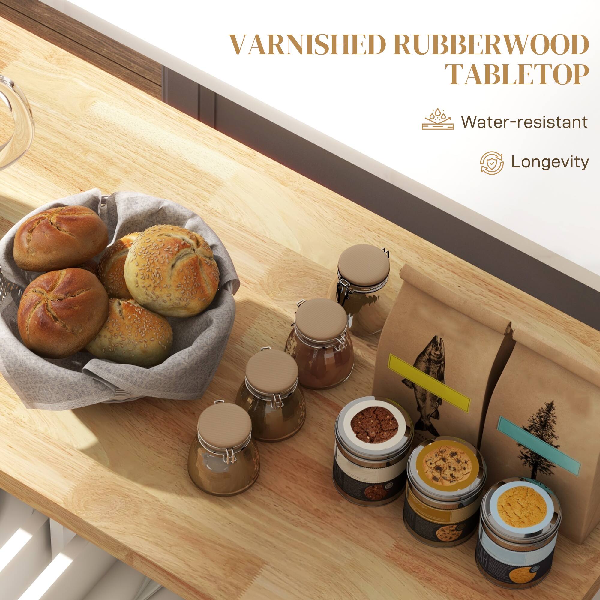 VARNISHED RUBBERWOOD TABLETOP

- Water-resistant
- Longevity