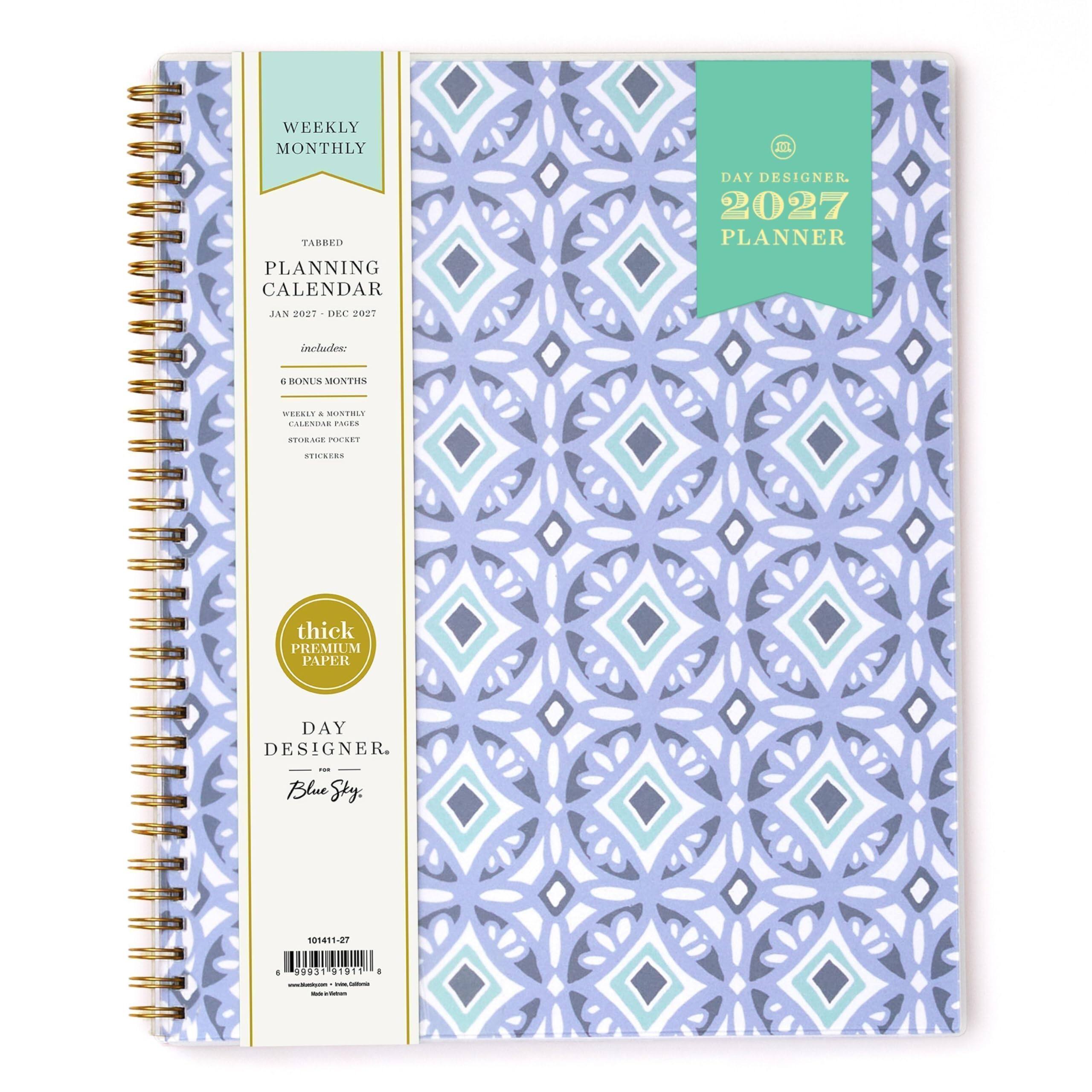 WEEKLY MONTHLY  
TABBED PLANNING CALENDAR  
DAY DESIGNER. 2027 PLANNER  
JAN 2027 DEC 2027  
includes:  
6 BONUS MONTHS  
WEEKLY & MONTHLY CALENDAR PAGES  
STORAGE POCKET  
STICKERS  
thick PREMIUM PAPER  
DAY DESIGNER.  
Blue Sky:  
101411-27  
6  
99931 91911 I  
www.boxceport.com - -  
1000 -