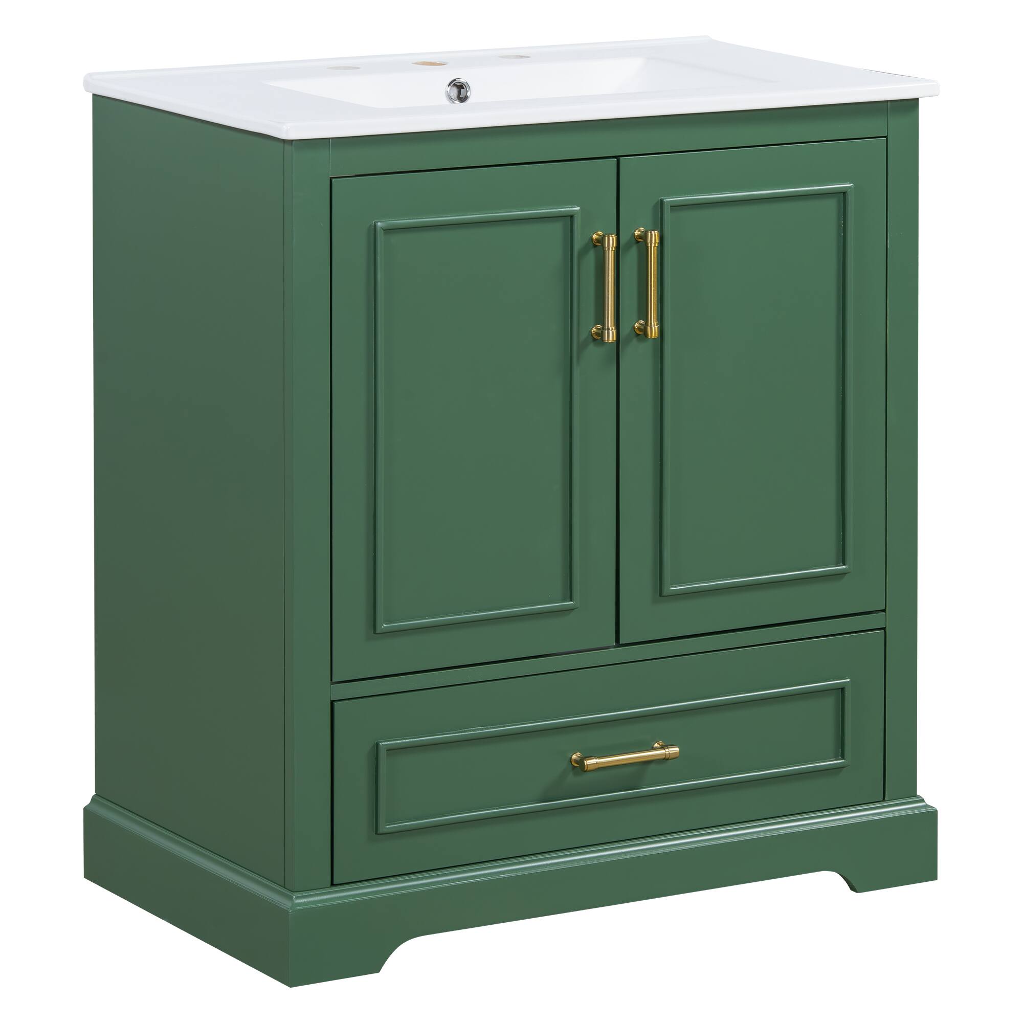 Left. Whisen - 30" Freestanding Bathroom Vanity with Sink, 1 Divider Drawer and 2 Soft-close Doors (Double Shelf on Door) - Green.