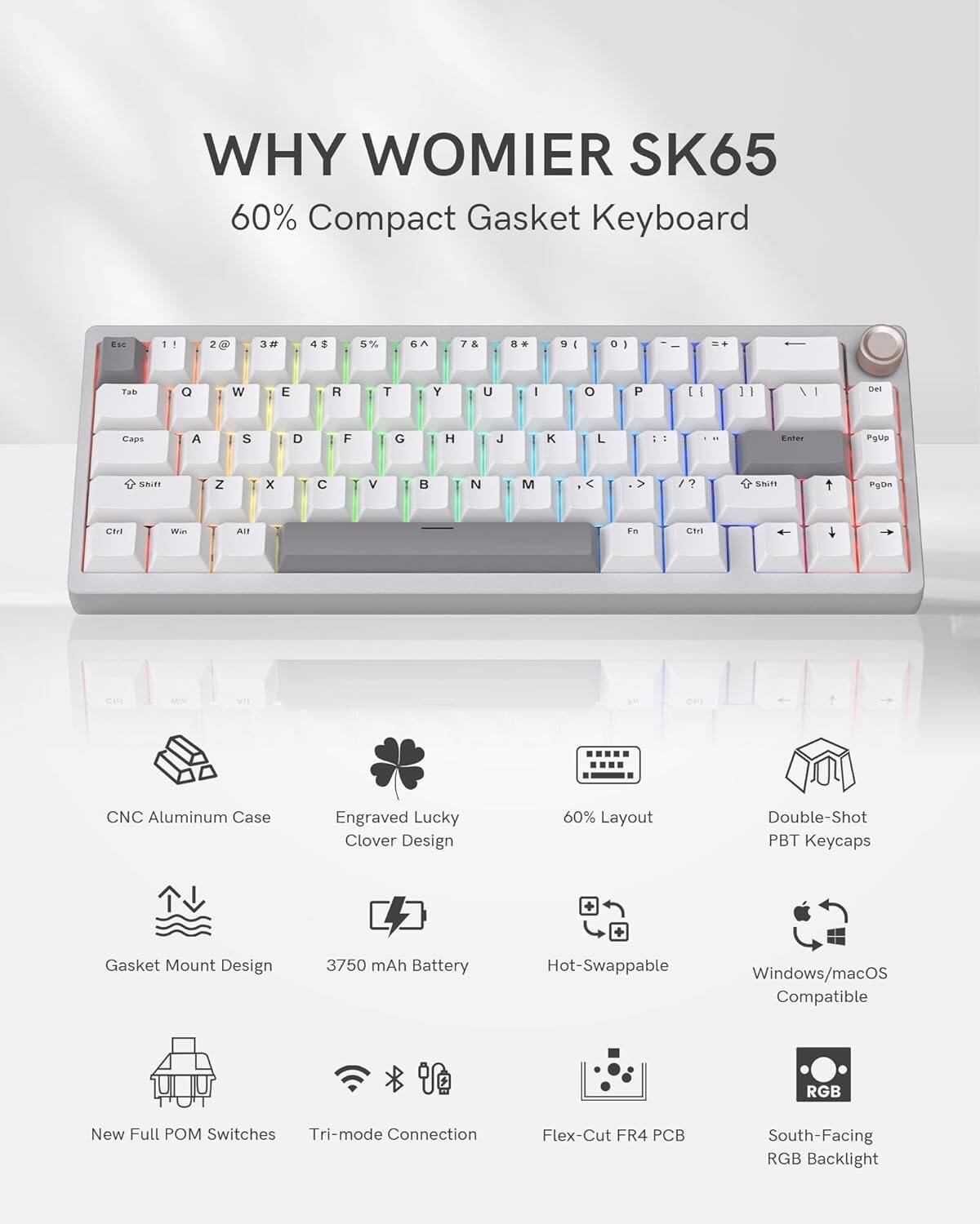 WHY WOMIER SK65  
60% Compact Gasket Keyboard  

- CNC Aluminum Case  
- Engraved Lucky Clover Design  
- 60% Layout  
- Double-Shot PBT Keycaps  
- Gasket Mount Design  
- 3750 mAh Battery  
- Hot-Swappable  
- New Full POM Switches  
- Tri-mode Connection  
- Flex-Cut FR4 PCB  
- South-Facing RGB Backlight  
- Windows/macOS Compatible